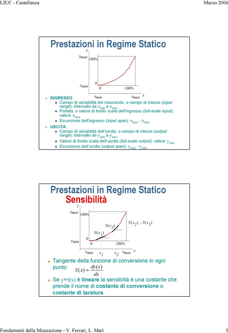 da y min a y max Valore di fondo scala dell uscita (full-scale output): valore y max Escursione dell uscita (output span): y max - y min Prestazioni in Regime Statico Sensibilità y ymax 100% y min 0