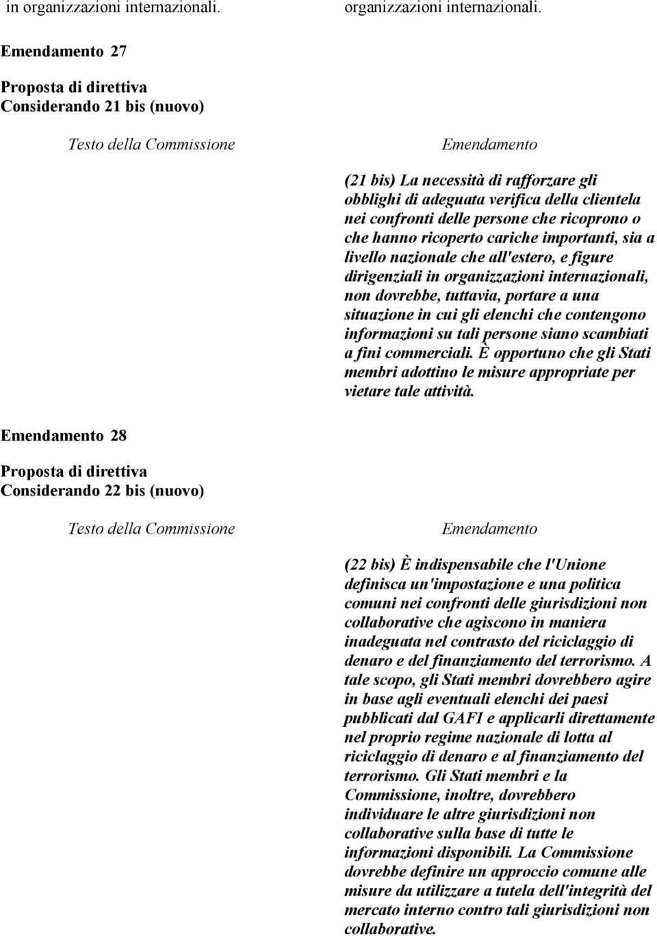 27 Considerando 21 bis (nuovo) (21 bis) La necessità di rafforzare gli obblighi di adeguata verifica della clientela nei confronti delle persone che ricoprono o che hanno ricoperto cariche