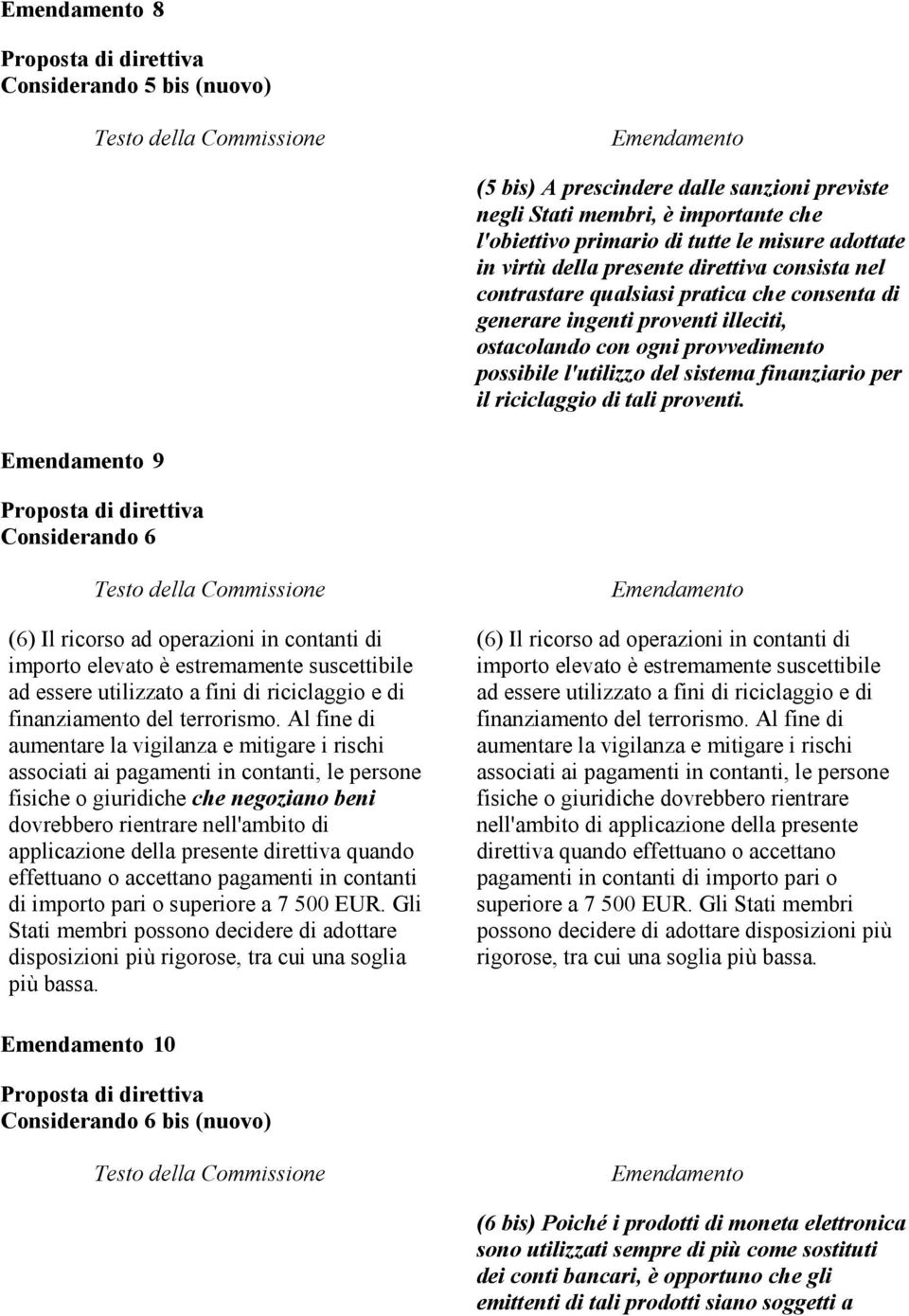 tali proventi. 9 Considerando 6 (6) Il ricorso ad operazioni in contanti di importo elevato è estremamente suscettibile ad essere utilizzato a fini di riciclaggio e di finanziamento del terrorismo.