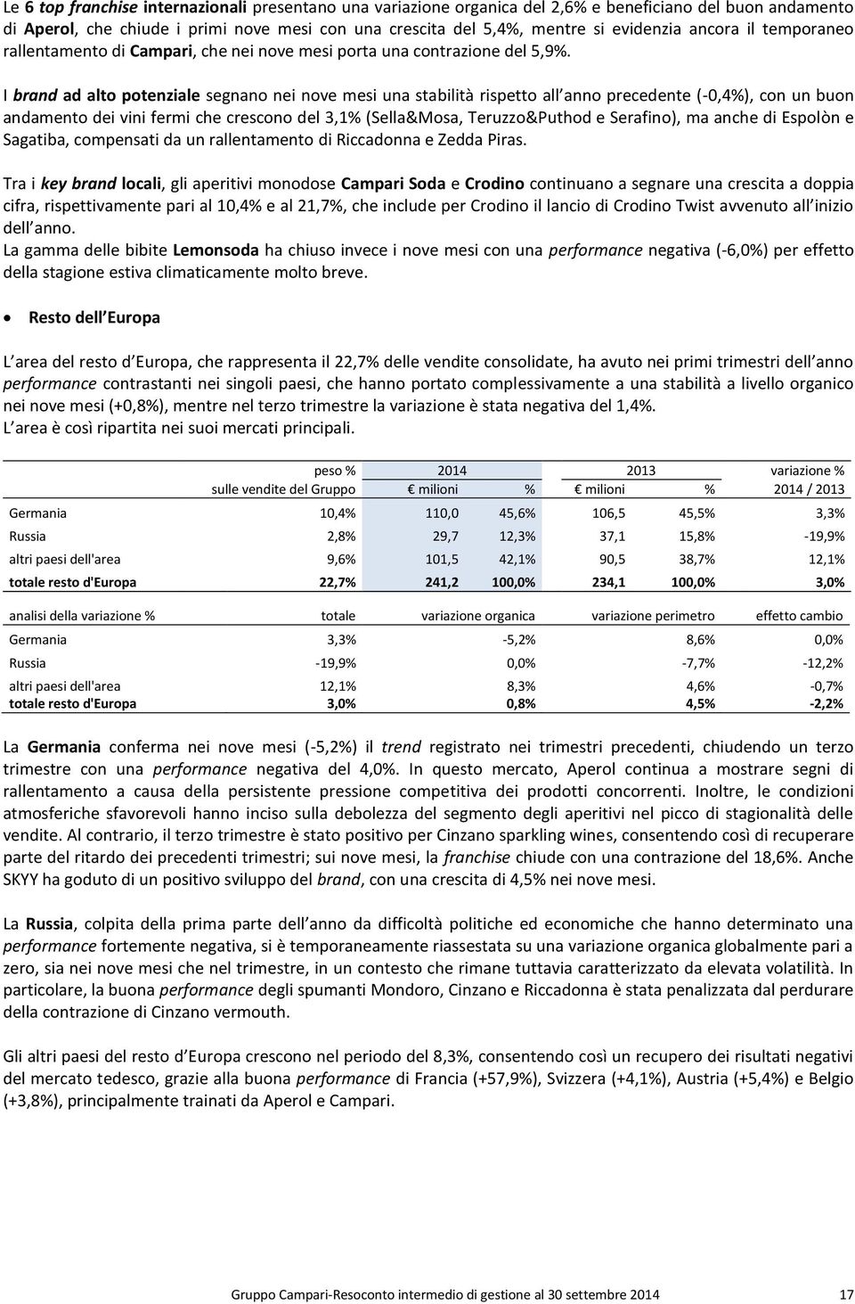 I brand ad alto potenziale segnano nei nove mesi una stabilità rispetto all anno precedente (-0,4%), con un buon andamento dei vini fermi che crescono del 3,1% (Sella&Mosa, Teruzzo&Puthod e