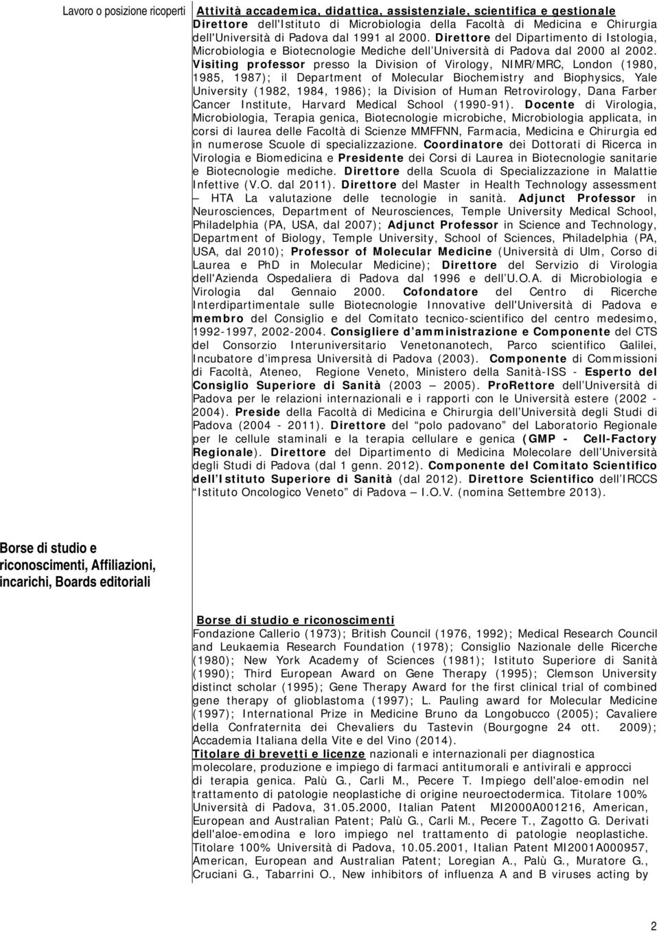 Visiting professor presso la Division of Virology, NIMR/MRC, London (1980, 1985, 1987); il Department of Molecular Biochemistry and Biophysics, Yale University (1982, 1984, 1986); la Division of