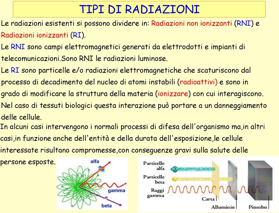 Le RI sono particelle e/o radiazioni elettromagnetiche che scaturiscono dal processo di decadimento del nucleo di atomi instabili (radioattivi) e sono in grado di modificare la struttura della