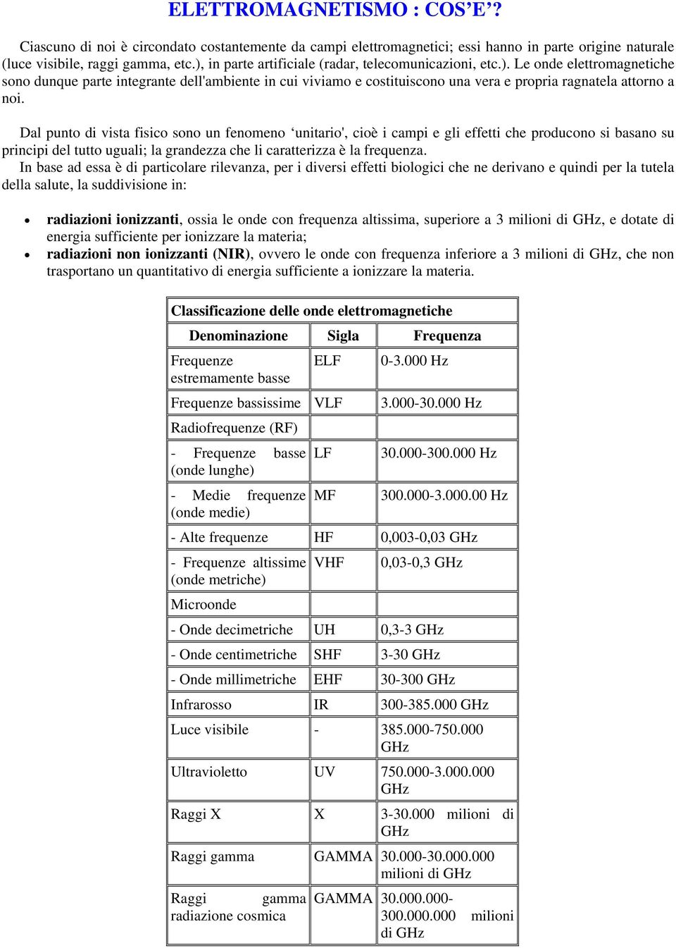 Dal punto di vista fisico sono un fenomeno unitario', cioè i campi e gli effetti che producono si basano su principi del tutto uguali; la grandezza che li caratterizza è la frequenza.