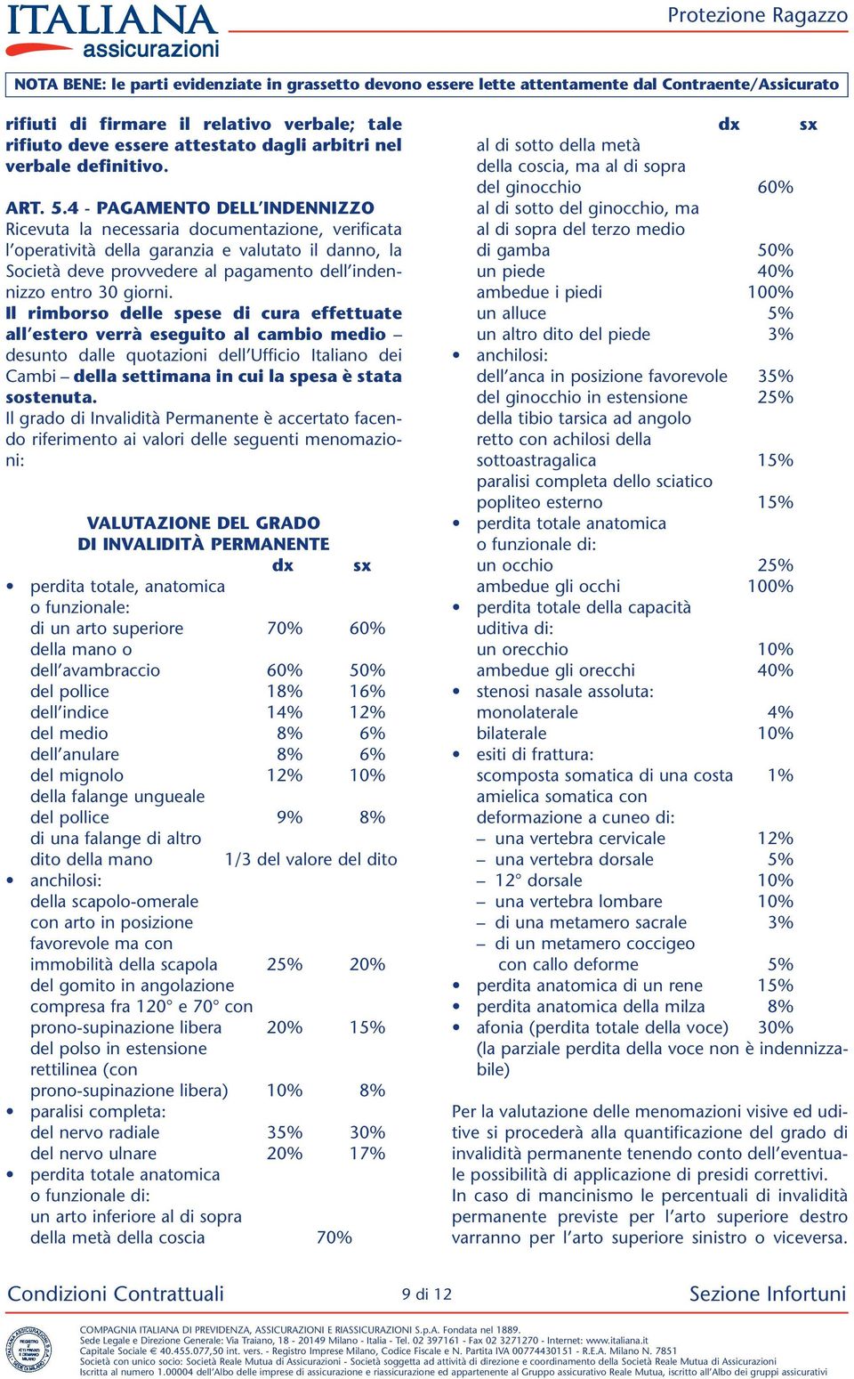 4 - PAGAMENTO DELL INDENNIZZO Ricevuta la necessaria documentazione, verificata l operatività della garanzia e valutato il danno, la Società deve provvedere al pagamento dell indennizzo entro 30