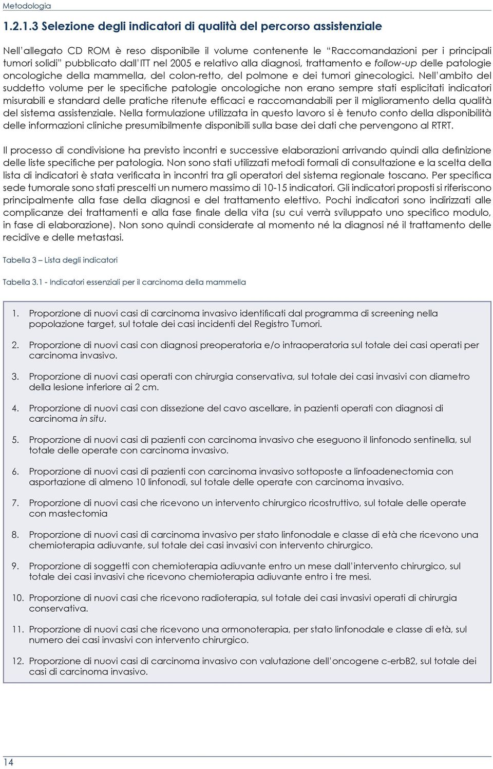 ITT nel 2005 e relativo alla diagnosi, trattamento e follow-up delle patologie oncologiche della mammella, del colon-retto, del polmone e dei tumori ginecologici.