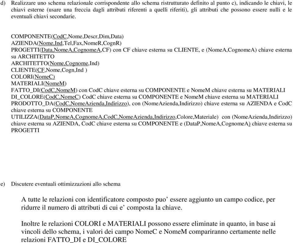 COMPONENTE(CodC,Nome,Descr,Dim,Data) AZIENDA(Nome,Ind,Tel,Fax,NomeR,CognR) PROGETTI(Data,NomeA,CognomeA,CF) con CF chiave esterna su CLIENTE, e (NomeA,CognomeA) chiave esterna su ARCHITETTO