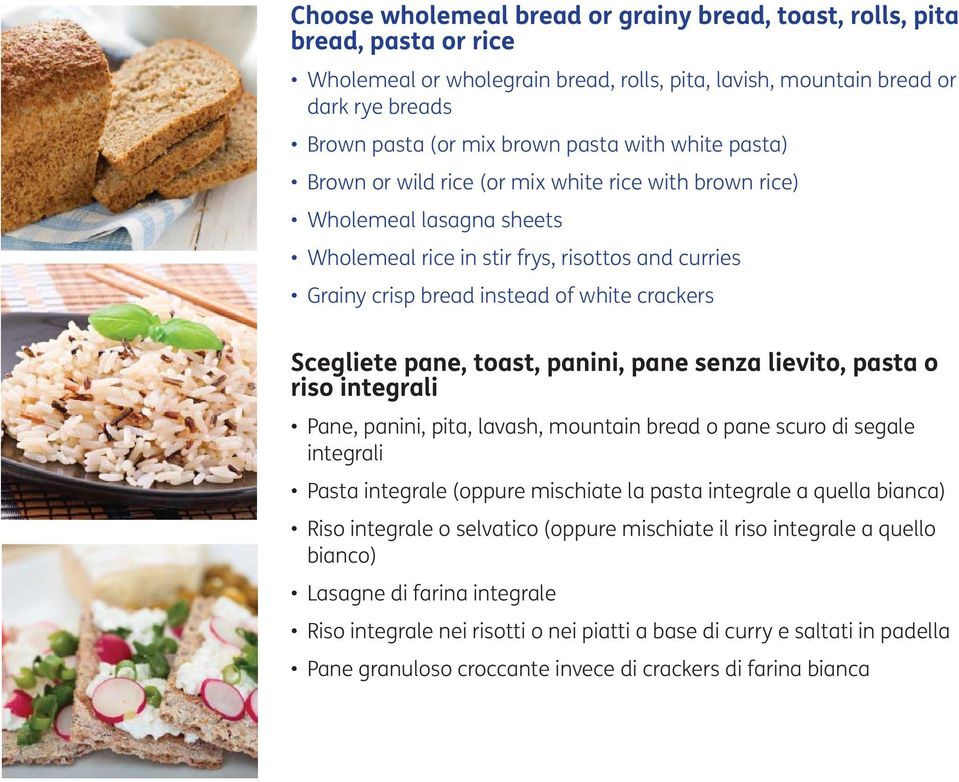 Scegliete pane, toast, panini, pane senza lievito, pasta o riso integrali Pane, panini, pita, lavash, mountain bread o pane scuro di segale integrali Pasta integrale (oppure mischiate la pasta