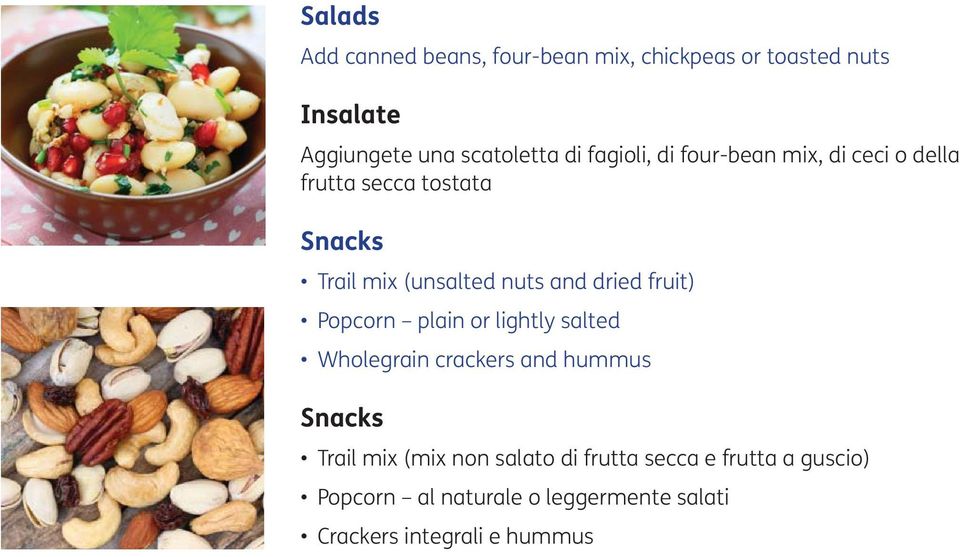 dried fruit) Popcorn plain or lightly salted Wholegrain crackers and hummus Snacks Trail mix (mix non