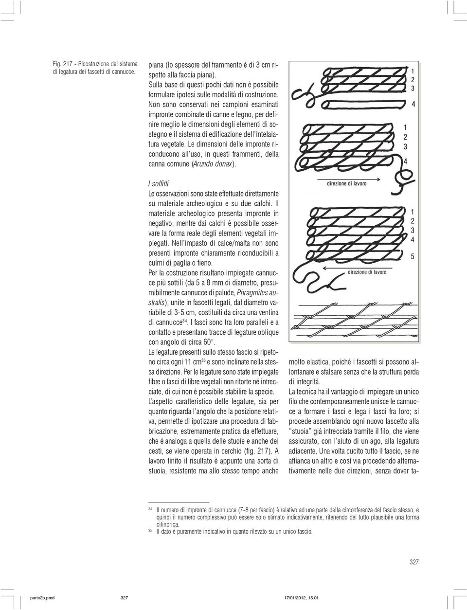 Non sono conservati nei campioni esaminati impronte combinate di canne e legno, per definire meglio le dimensioni degli elementi di sostegno e il sistema di edificazione dell intelaiatura vegetale.