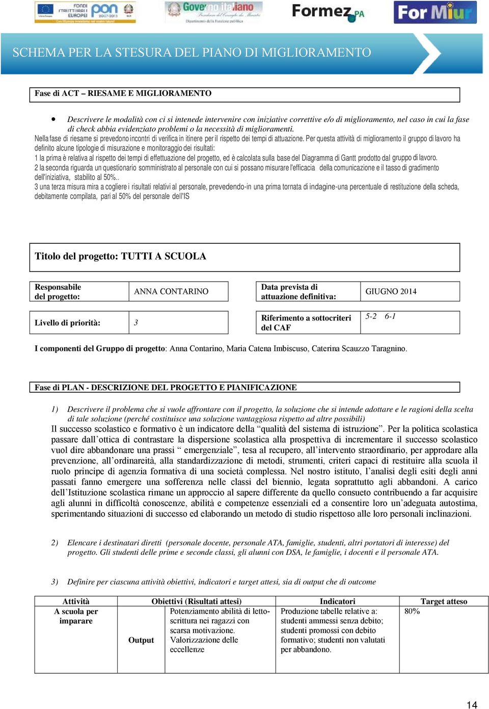 Per questa attività di miglioramento il gruppo di lavoro ha definito alcune tipologie di misurazione e monitoraggio dei risultati: 1 la prima è relativa al rispetto dei tempi di effettuazione del