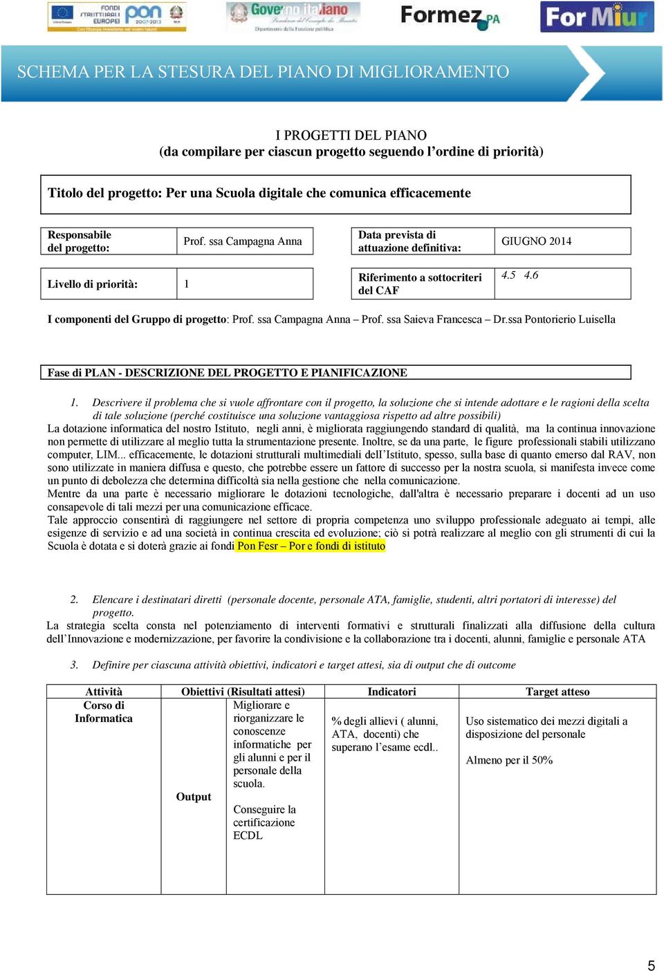 ssa Campagna Anna Prof. ssa Saieva Francesca Dr.ssa Pontorierio Luisella Fase di PLAN - DESCRIZIONE DEL PROGETTO E PIANIFICAZIONE 1.