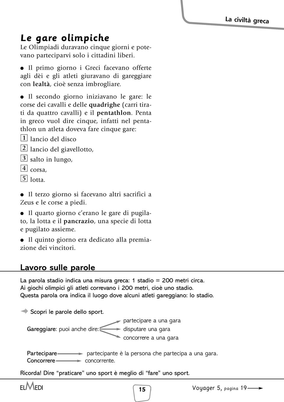 Il secondo giorno iniziavano le gare: le corse dei cavalli e delle quadrighe (carri tirati da quattro cavalli) e il pentathlon.