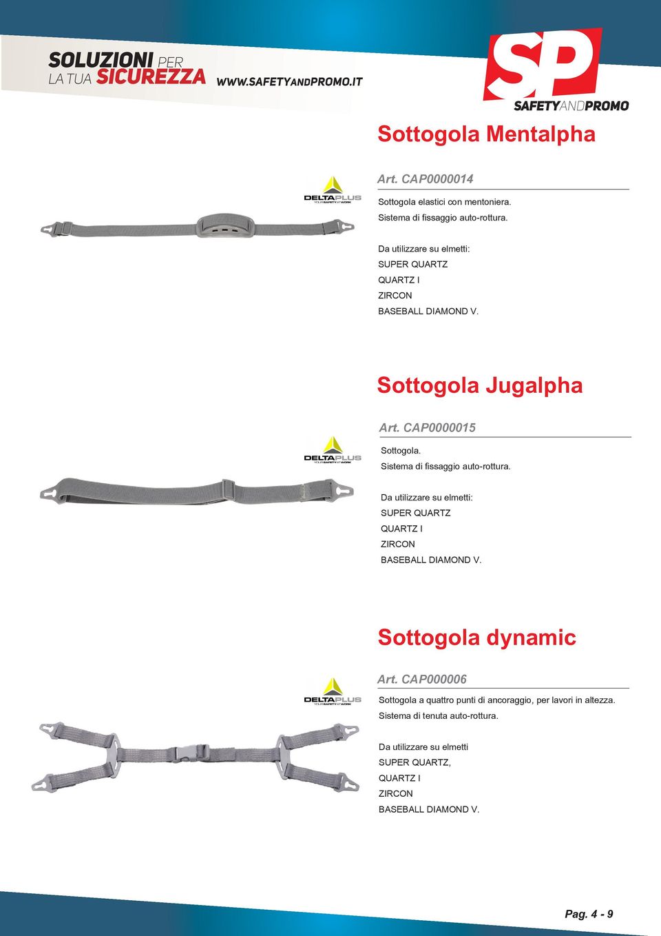 Sistema di fissaggio auto-rottura. Da utilizzare su elmetti: SUPER QUARTZ QUARTZ I ZIRCON BASEBALL DIAMOND V. Sottogola dynamic Art.