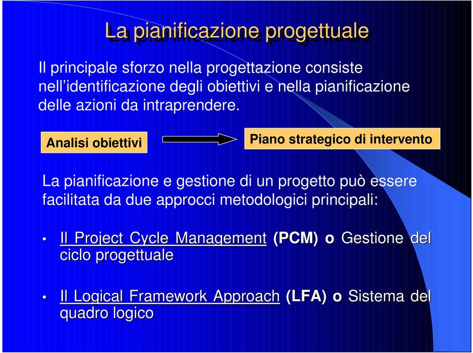 Analisi obiettivi Piano strategico di intervento La pianificazione e gestione di un progetto può essere facilitata