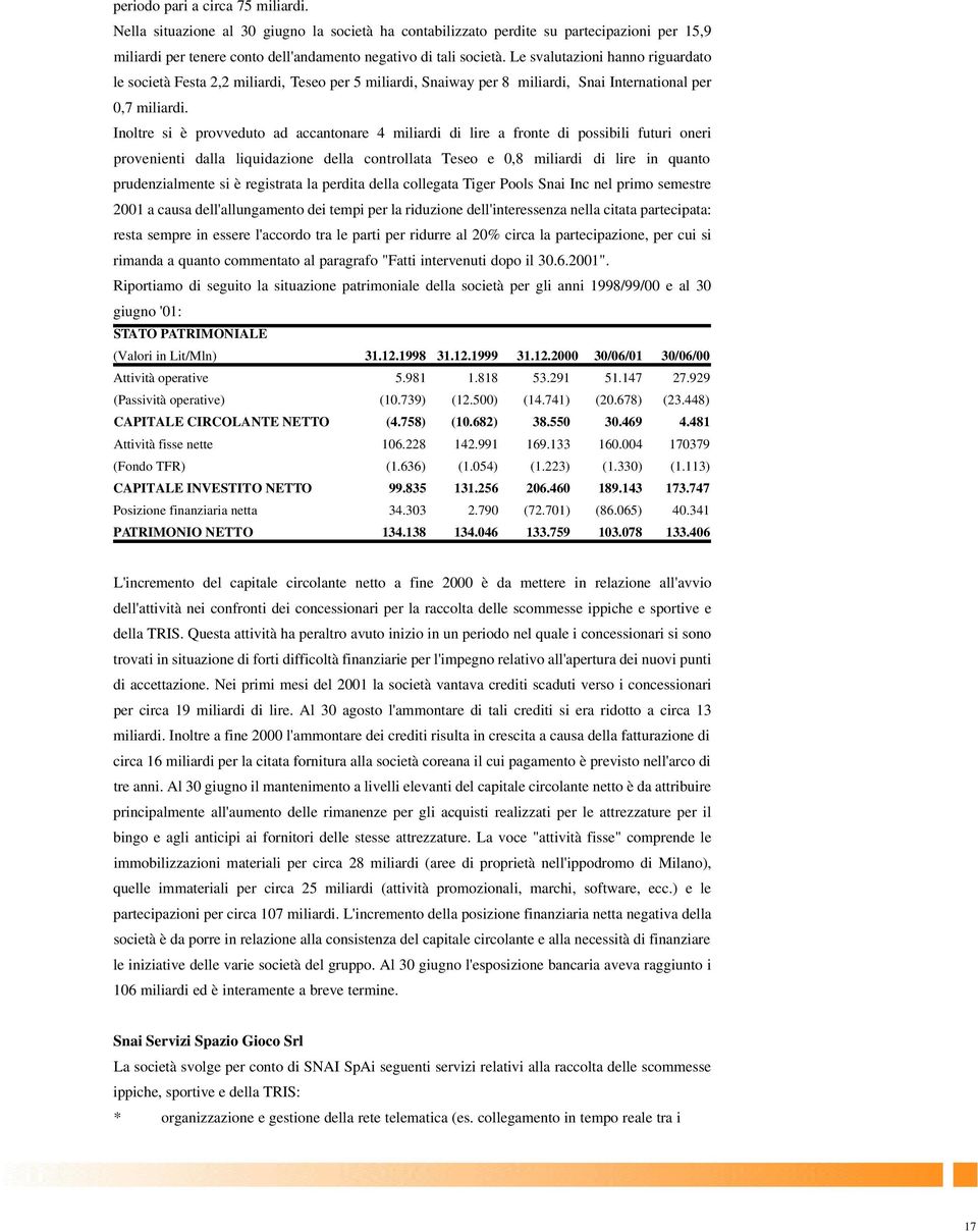 Inoltre si è provveduto ad accantonare 4 miliardi di lire a fronte di possibili futuri oneri provenienti dalla liquidazione della controllata Teseo e 0,8 miliardi di lire in quanto prudenzialmente si