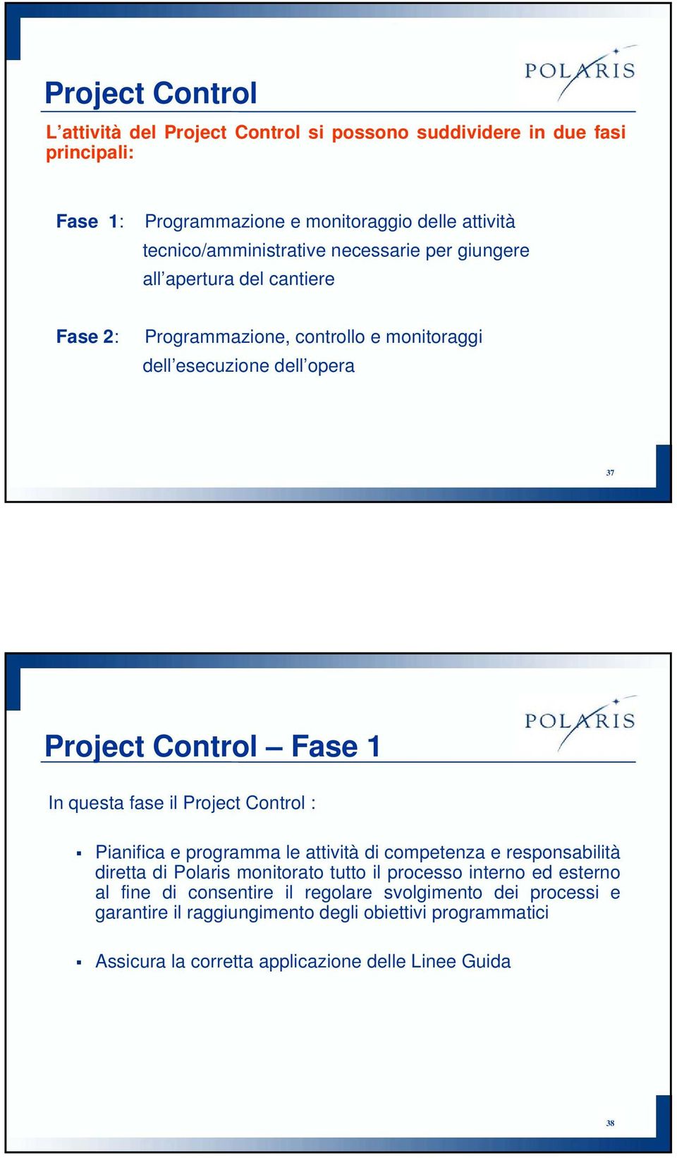 Control Fase 1 In questa fase il Project Control : Pianifica e programma le attività di competenza e responsabilità diretta di Polaris monitorato tutto il processo