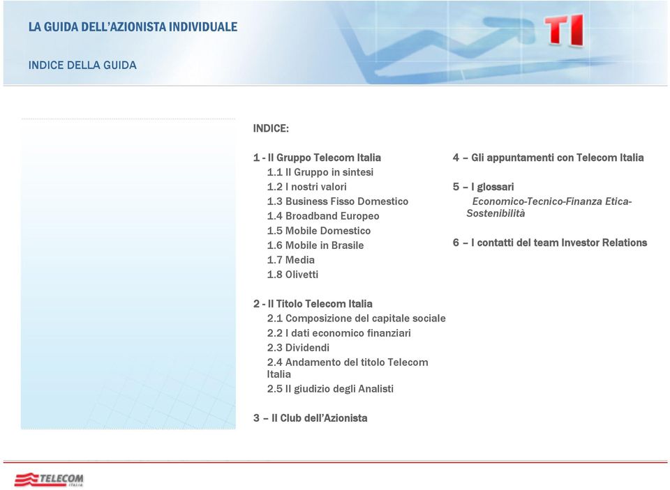 8 Olivetti 4 Gli appuntamenti con Telecom Italia 5 I glossari Economico-Tecnico-Finanza Etica- Sostenibilità 6 I contatti del team Investor