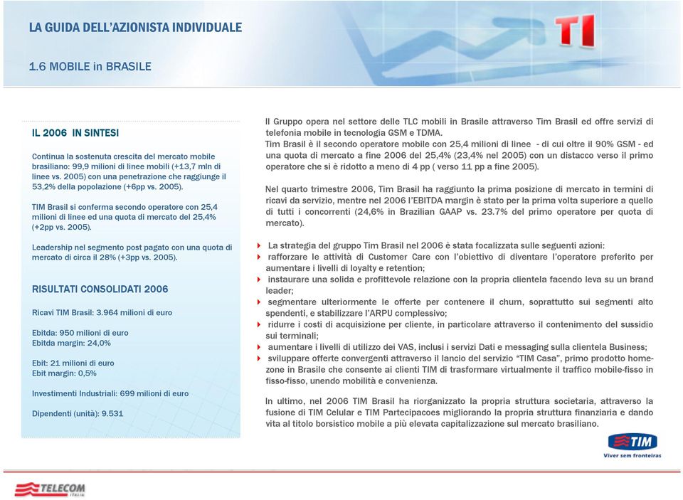 2005). Leadership nel segmento post pagato con una quota di mercato di circa il 28% (+3pp vs. 2005). RISULTATI CONSOLIDATI 2006 Ricavi TIM Brasil: 3.