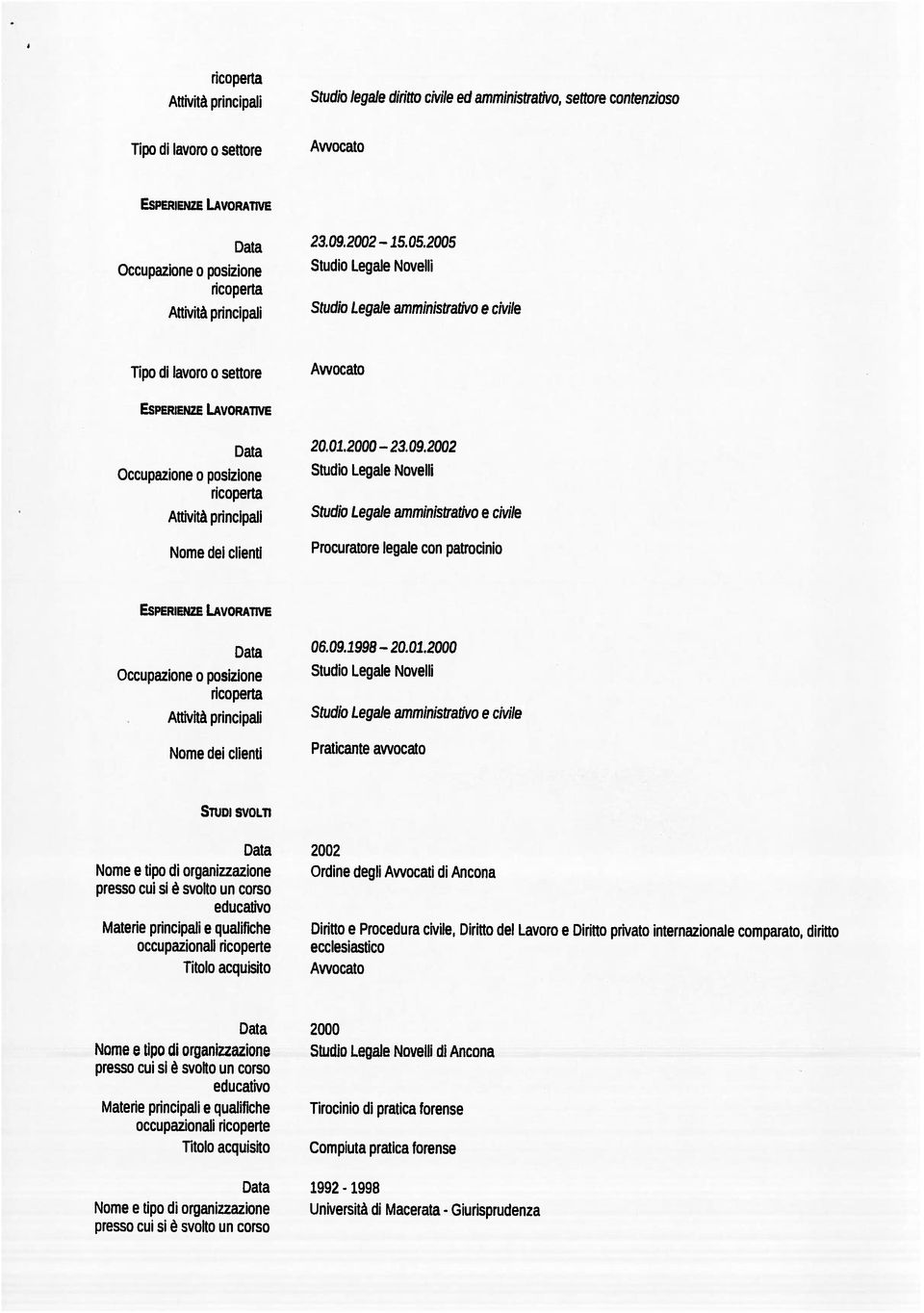 qualifiche Tirocinio di pratica forense Nome e tipo di organizzazione Studio Legale Novelli di Ancona 2000 Nome e tipo di organizzazione Ordine degli Avvocati di Ancona occupazionali ricoperte