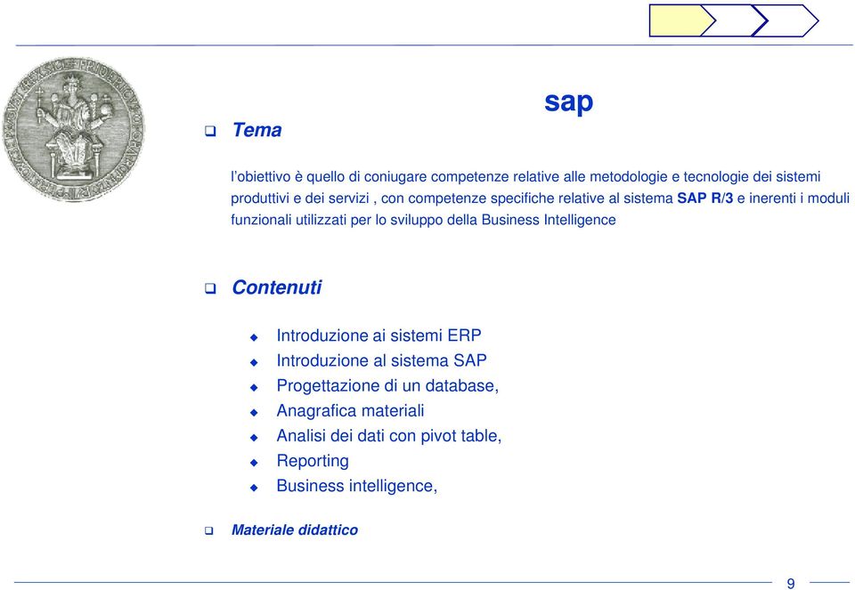 sviluppo della Business Intelligence Contenuti Introduzione ai sistemi ERP Introduzione al sistema SAP Progettazione