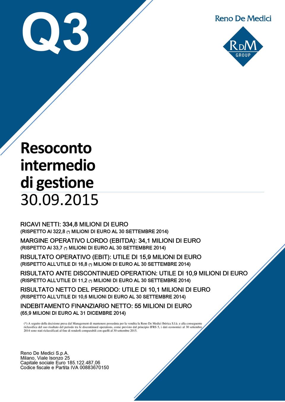 30 SETTEMBRE 2014) RISULTATO OPERATIVO (EBIT): UTILE DI 15,9 MILIONI DI EURO (RISPETTO ALL UTILE DI 16,8 (*) MILIONI DI EURO AL 30 SETTEMBRE 2014) RISULTATO ANTE DISCONTINUED OPERATION: UTILE DI 10,9