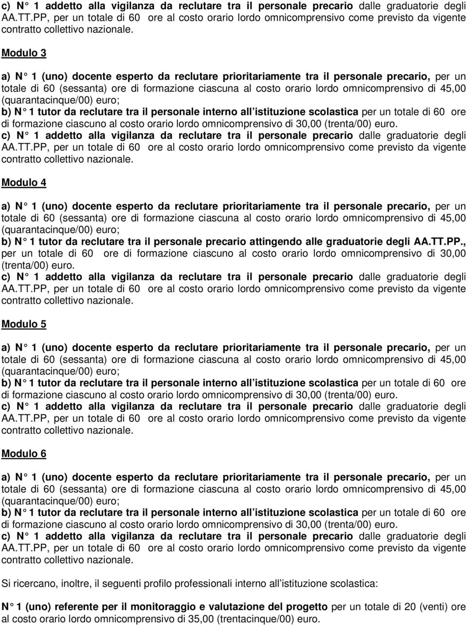 tutor da reclutare tra il personale interno al l istituzione scolastica per un totale di ore PP, per un totale di ore al costo orario lordo omnicomprensivo come previsto da vigente Modulo 4 totale di