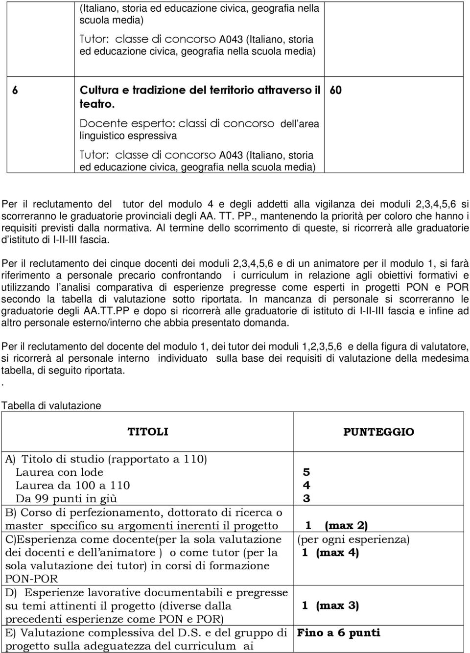 Docente esperto: classi di concorso dell area linguistico espressiva Tutor: classe di concorso A043 (Italiano, storia ed educazione civica, geografia nella scuola media) Per il reclutamento del tutor