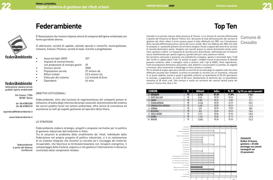 Associati (dati 2009) 257 Impianti di incenerimento con produzione di energia gestiti 39 Comuni serviti 3500 Popolazione servita 37 milioni ab.