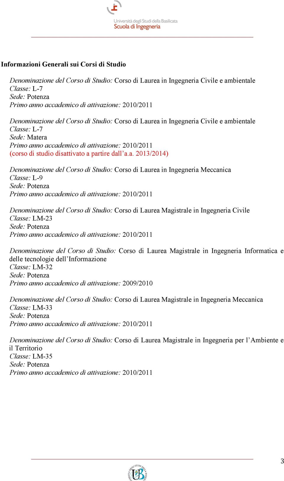 partire dall a.a. 2013/2014) Denominazione del Corso di Studio: Corso di Laurea in Ingegneria Meccanica Classe: L-9 Sede: Potenza Primo anno accademico di attivazione: 2010/2011 Denominazione del