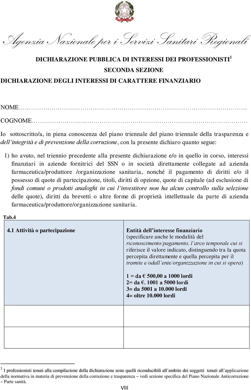 in quello in corso, interessi finanziari in aziende fornitrici del SSN o in società direttamente collegate ad azienda farmaceutica/produttore /organizzazione sanitaria, nonché il pagamento di diritti