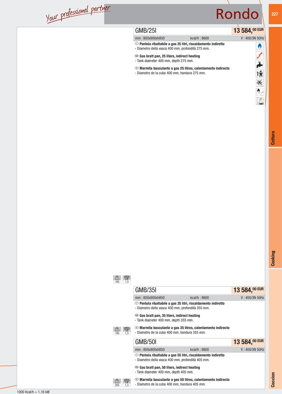 2 1 Z 3 W X Y 185 195 205 1,3 1,3 1,3 GMB/35I 13 584, mm : 800x900xh850 kcal/h : 8600 V : 400/3N 50Hz I Pentola ribaltabile a gas 35 litri, riscaldamento indiretto - Diametro della vasca 400 mm,