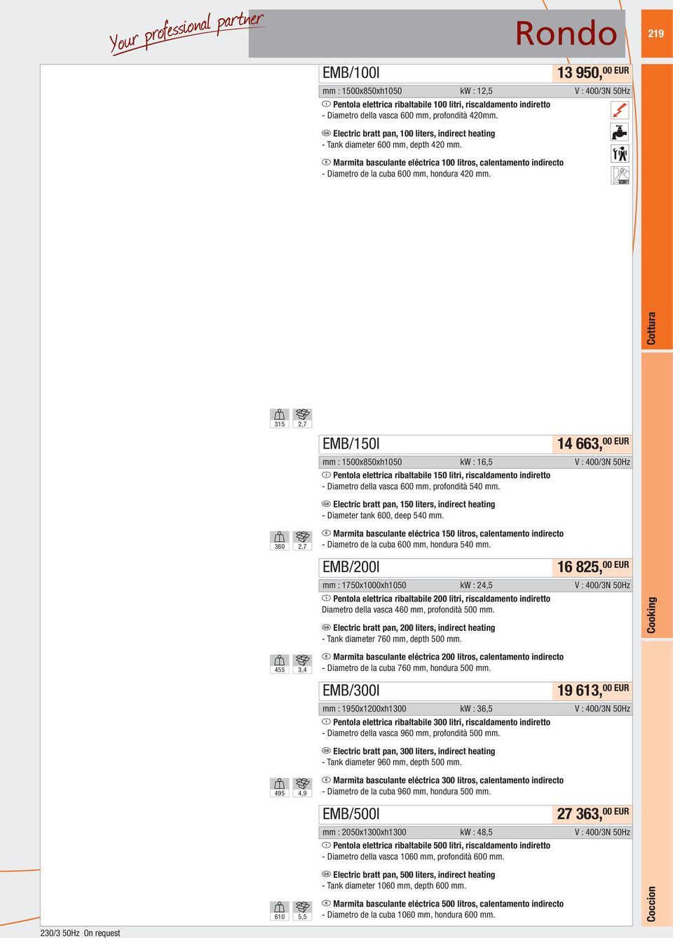 1 Z 3 Y 315 360 455 495 610 2,7 2,7 3,4 4,9 5,5 EMB/150I 14 663, mm : 1500x850xh1050 kw : 16,5 V : 400/3N 50Hz I Pentola elettrica ribaltabile 150 litri, riscaldamento indiretto - Diametro della