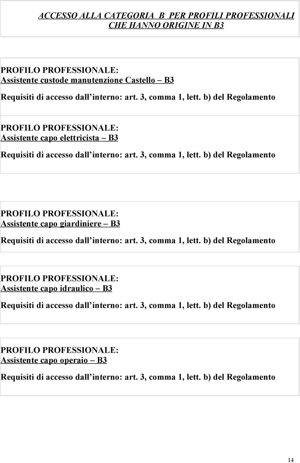 3, comma 1, lett. b) del Regolamento Assistente capo idraulico B3 Requisiti di accesso dall interno: art. 3, comma 1, lett.