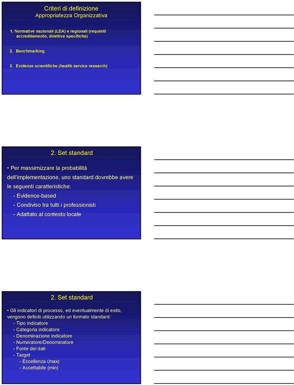 Set standard Per massimizzare la probabilità dell implementazione, uno standard dovrebbe avere le seguenti caratteristiche: - Evidence-based - Condiviso tra tutti i