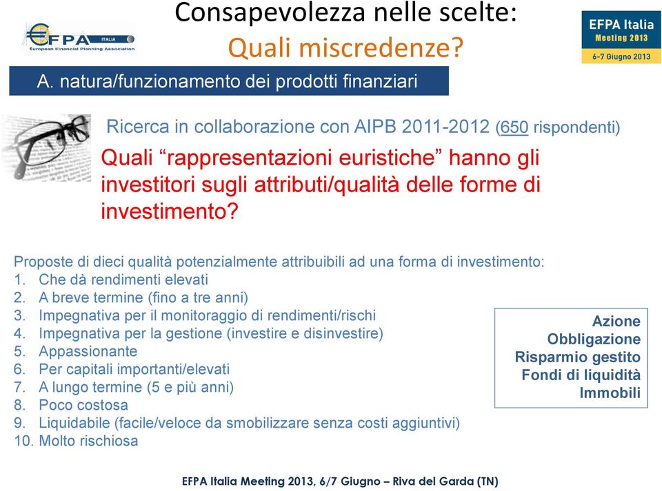 forme di investimento? Proposte di dieci qualità potenzialmente attribuibili ad una forma di investimento: 1. Che dà rendimenti elevati 2. A breve termine (fino a tre anni) 3.