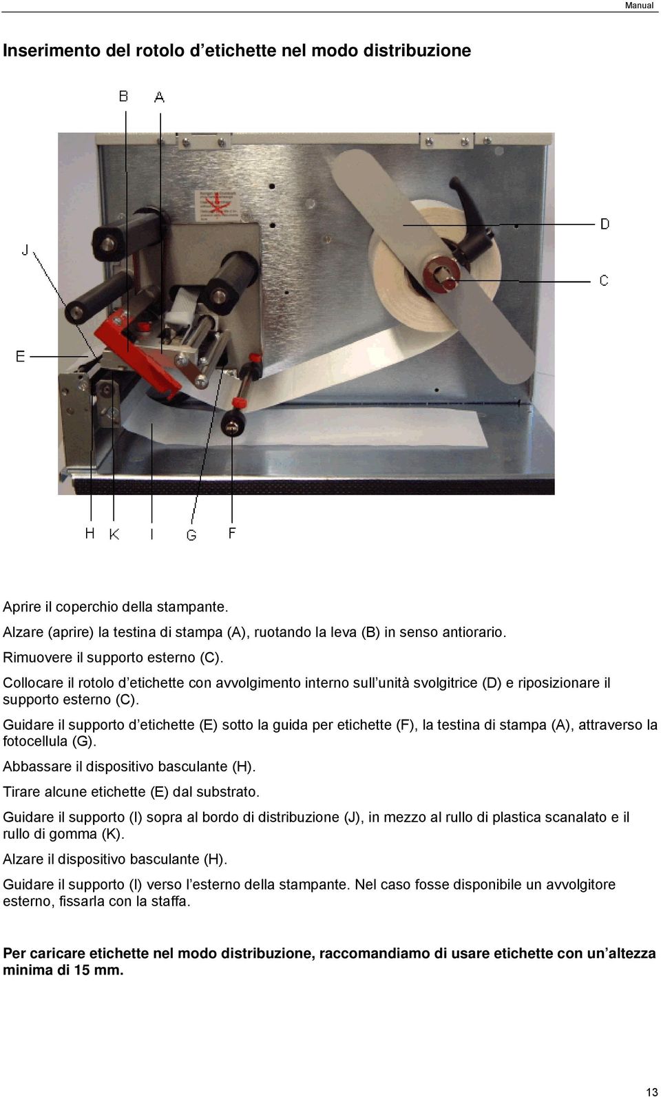 Guidare il supporto d etichette (E) sotto la guida per etichette (F), la testina di stampa (A), attraverso la fotocellula (G). Abbassare il dispositivo basculante (H).