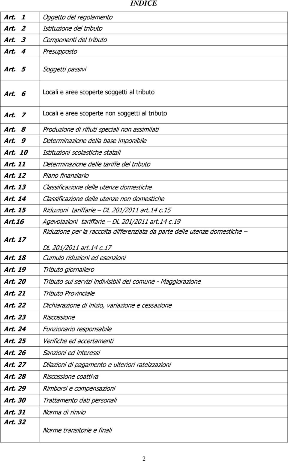 11 Determinazione delle tariffe del tributo Art. 12 Piano finanziario Art. 13 Classificazione delle utenze domestiche Art. 14 Classificazione delle utenze non domestiche Art.