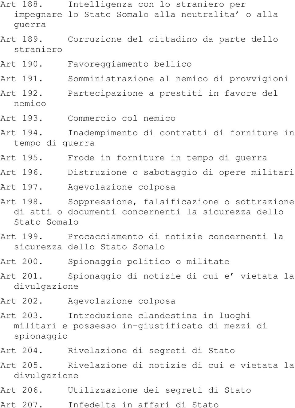 Inadempimento di contratti di forniture in tempo di guerra Art 195. Art 196. Art 197. Frode in forniture in tempo di guerra Distruzione o sabotaggio di opere militari Agevolazione colposa Art 198.