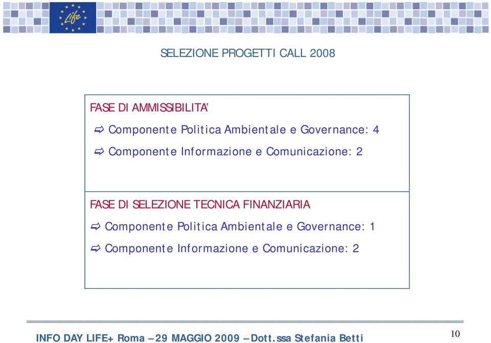 Comunicazione: 2 FASE DI SELEZIONE TECNICA FINANZIARIA Componente