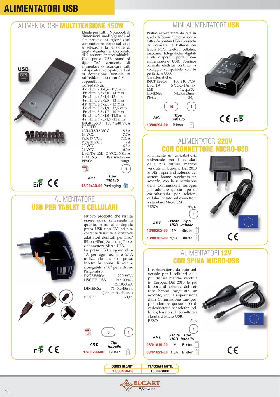 Blister ALIMENTATORI 220V CON CONNETTORE MICRO-USB Uscita USB 3/00302-00 A Blister 3/00303-00,5A Blister