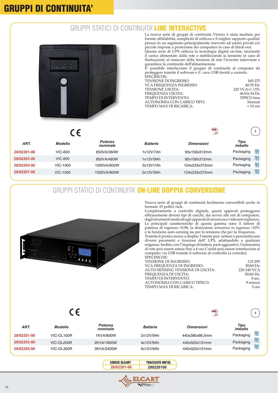 24x233x372mm Packaging GRUPPI STATICI DI CONTINUITA ON-LINE DOPPIA CONVERSIONE V sec ore Modello Potenza nominale Batterie Dimensioni 28/0225-00 VIC-OL00R KVA/800W 2x2V/9Ah