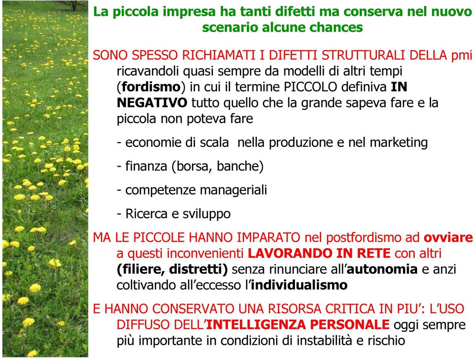 competenze manageriali - Ricerca e sviluppo MA LE PICCOLE HANNO IMPARATO nel postfordismo ad ovviare a questi inconvenienti LAVORANDO IN RETE con altri (filiere, distretti) senza rinunciare all