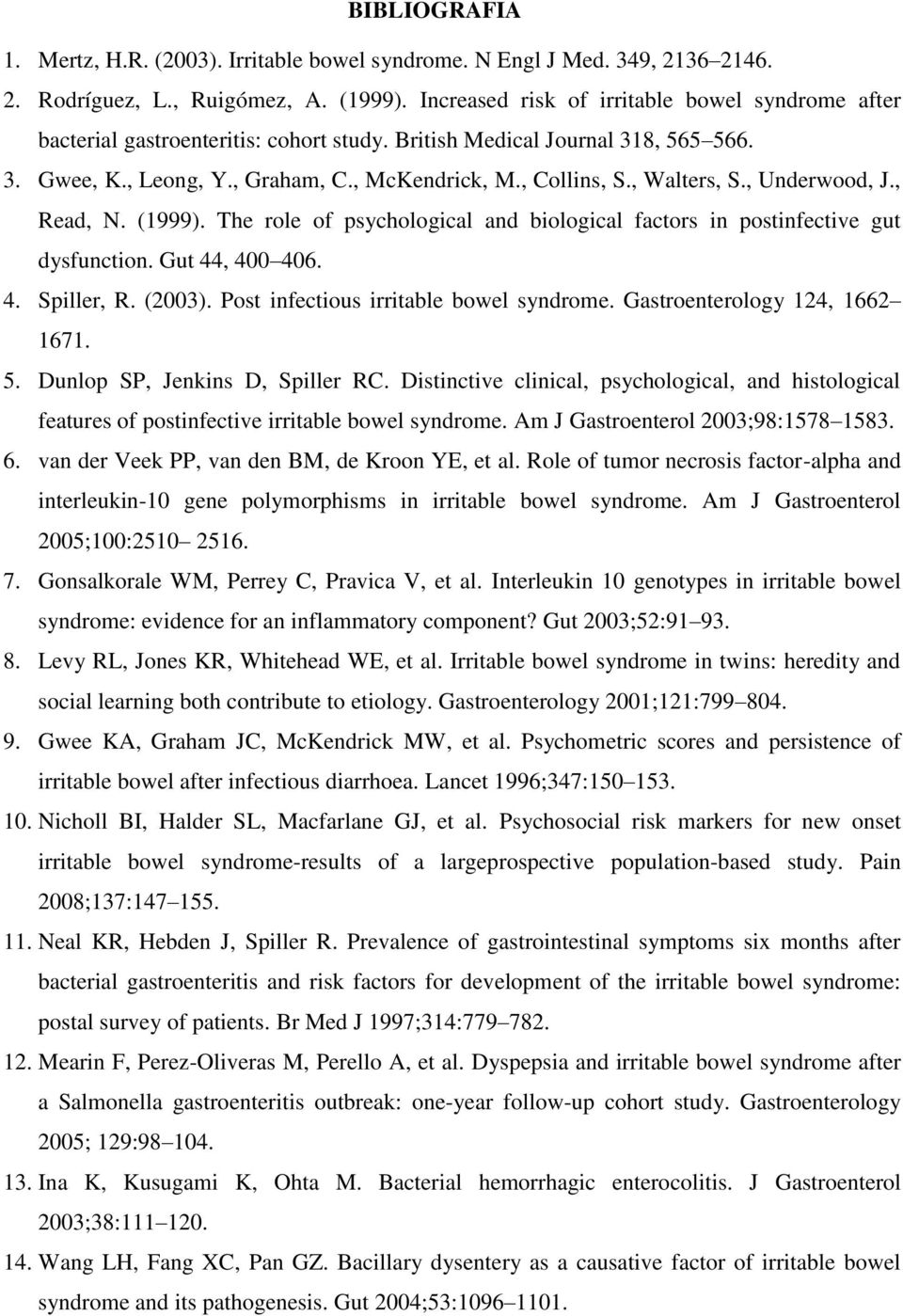 , Walters, S., Underwood, J., Read, N. (1999). The role of psychological and biological factors in postinfective gut dysfunction. Gut 44, 400 406. 4. Spiller, R. (2003).