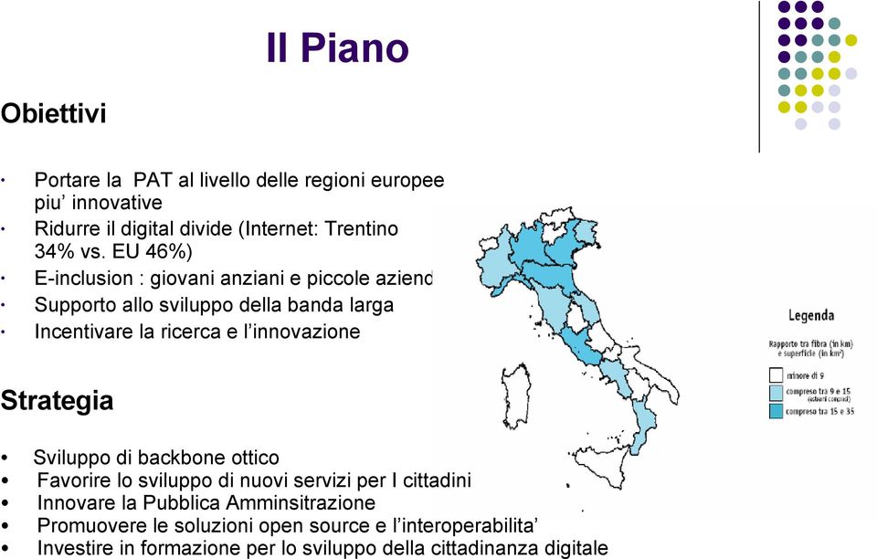 innovazione Strategia Sviluppo di backbone ottico Favorire lo sviluppo di nuovi servizi per I cittadini Innovare la Pubblica