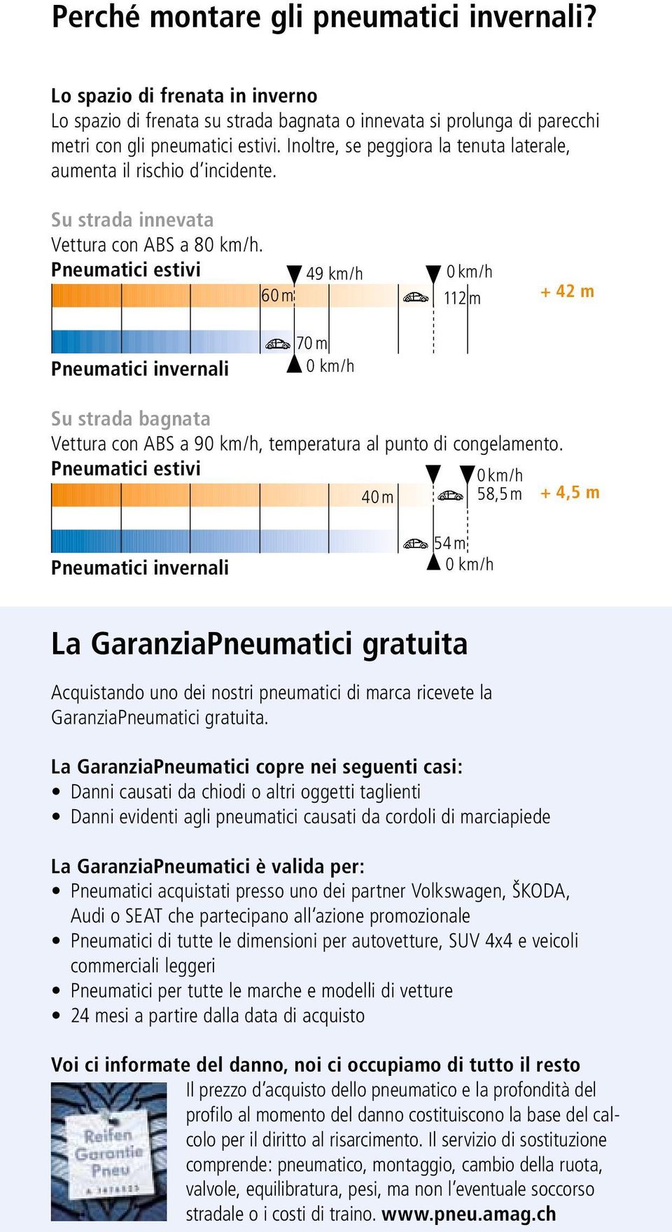 Pneumatici estivi 49 km/h 0 km/h 60 m 112 m + 42 m Pneumatici invernali 70 m 0 km/h Su strada bagnata Vettura con ABS a 90 km/h, temperatura al punto di congelamento.