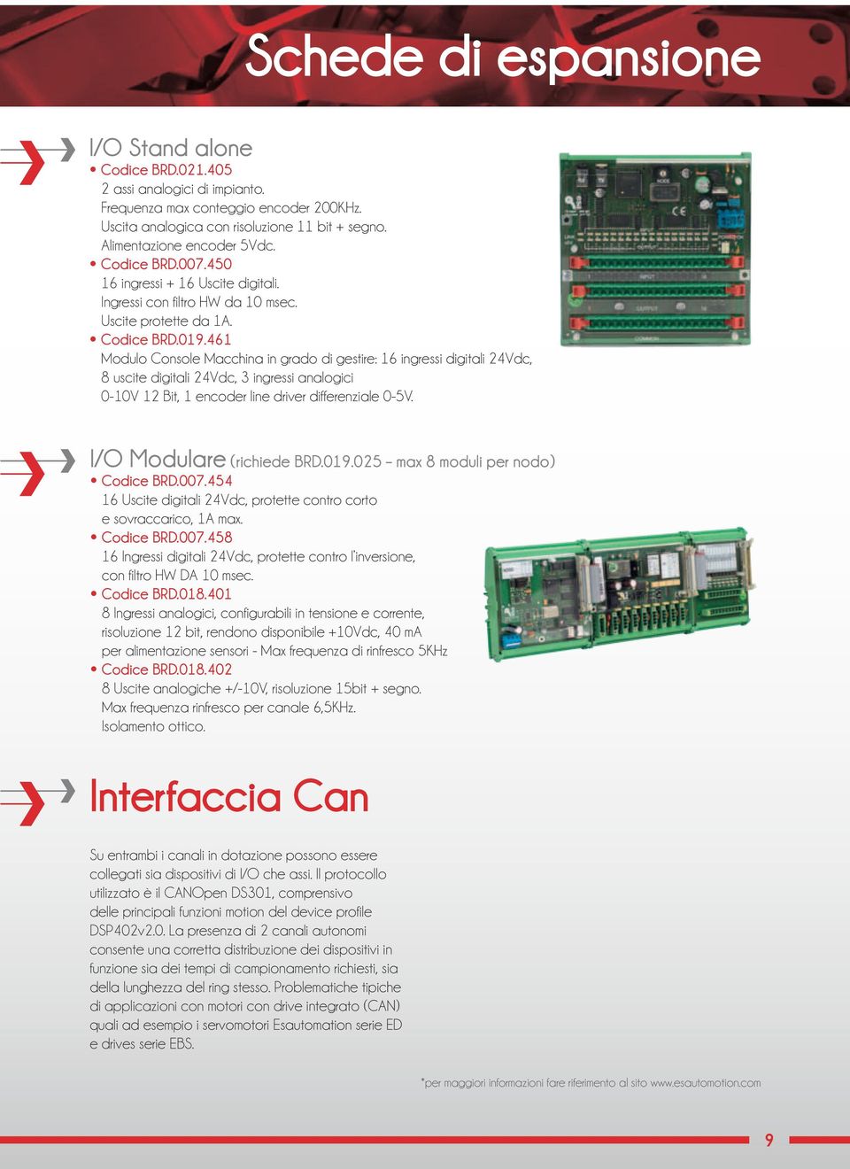 46 Modulo Console Macchina in grado di gestire: 6 ingressi digitali 24Vdc, 8 uscite digitali 24Vdc, 3 ingressi analogici 0-0V 2 Bit, encoder line driver differenziale 0-5V. I/O Modulare (richiede BRD.