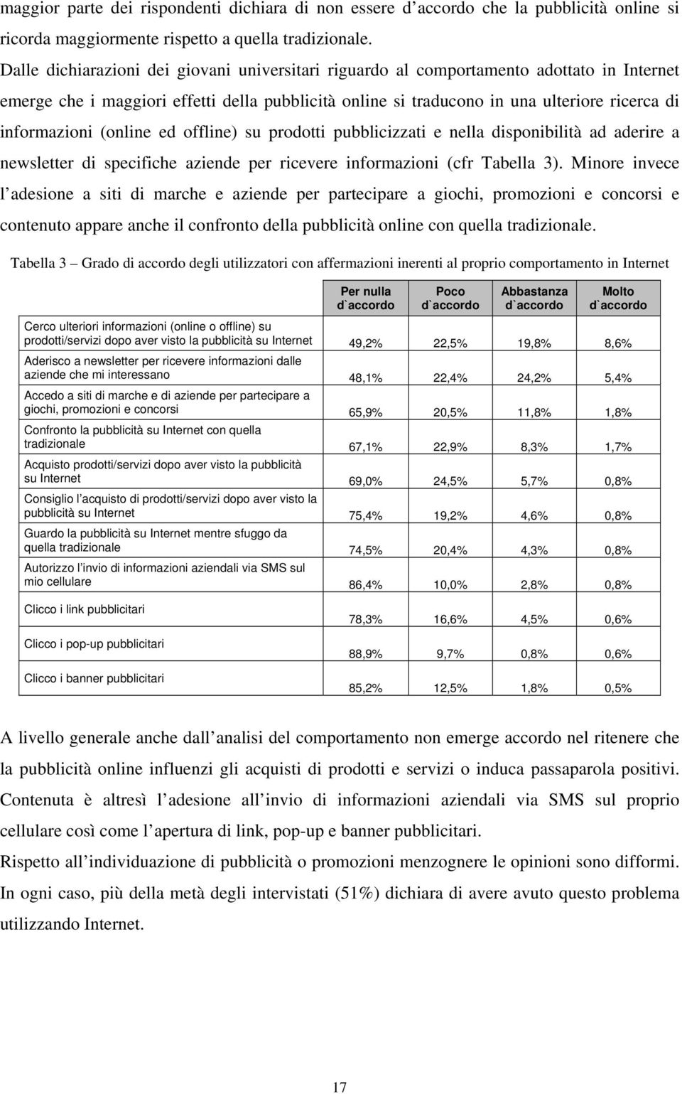 (online ed offline) su prodotti pubblicizzati e nella disponibilità ad aderire a newsletter di specifiche aziende per ricevere informazioni (cfr Tabella 3).