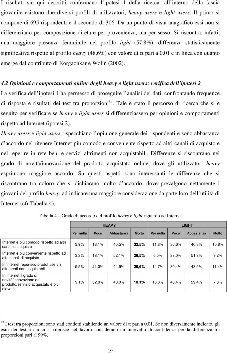 Si riscontra, infatti, una maggiore presenza femminile nel profilo light (57,8%), differenza statisticamente significativa rispetto al profilo heavy (48,6%) con valore di α pari a 0.