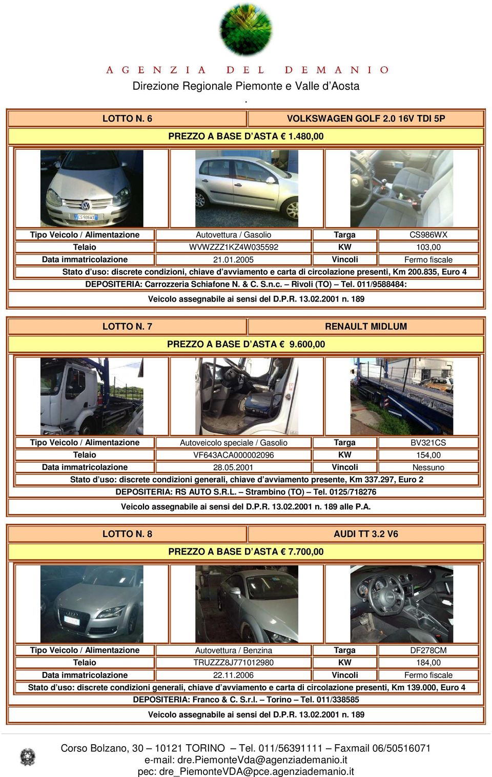 Carrozzeria Schiafone N & C Snc Rivoli (TO) Tel 011/9588484: Veicolo assegnabile ai sensi del DPR 13022001 n 189 LOTTO N 7 RENAULT MIDLUM PREZZO A BASE D ASTA 9600,00 Tipo Veicolo / Alimentazione