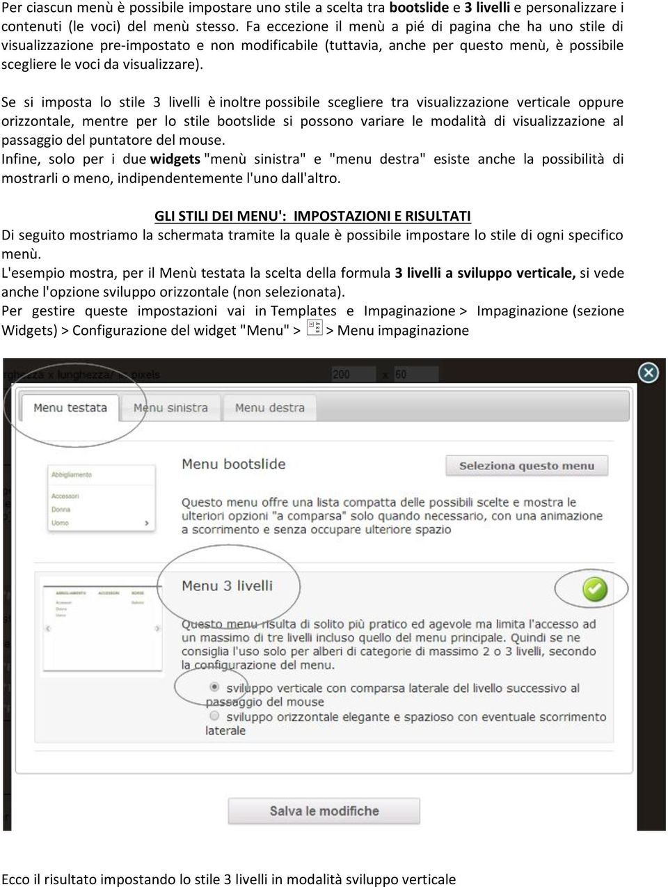 Se si imposta lo stile 3 livelli è inoltre possibile scegliere tra visualizzazione verticale oppure orizzontale, mentre per lo stile bootslide si possono variare le modalità di visualizzazione al